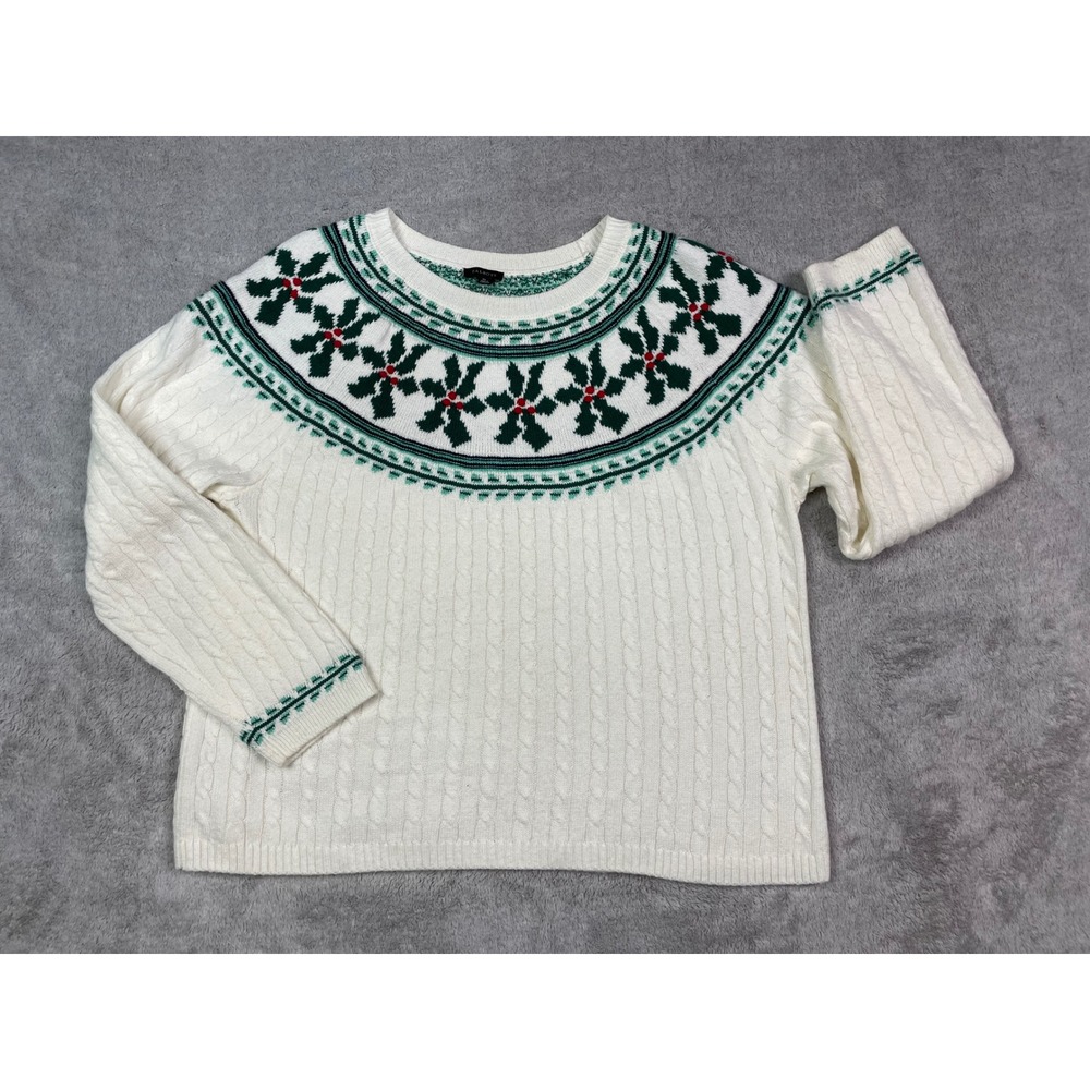 Talbots Womens XL Cable Knit Sweater Cream Holly Berry Fair Isle Yoke Holiday